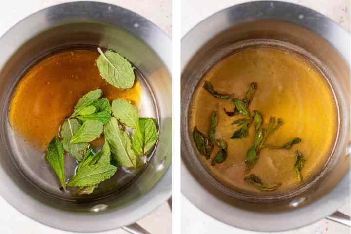 small sauce pan with honey, water and mint leaves