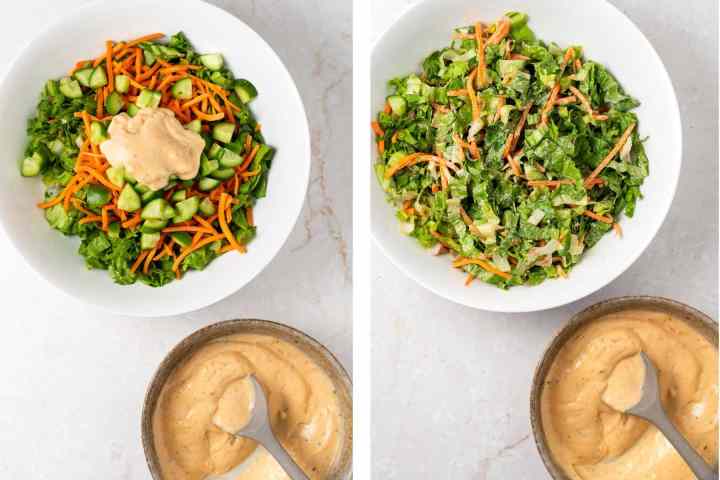bowl of salad with a small bowl of spicy honey mustard dressing