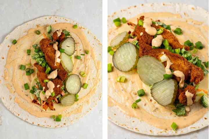 process photos showing the remaining ingredients, green onions and pickles, added to the inside of the wrap