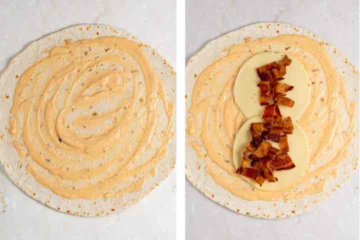 process photos of a tortilla with dressing and the tortilla with provolone cheese and bacon