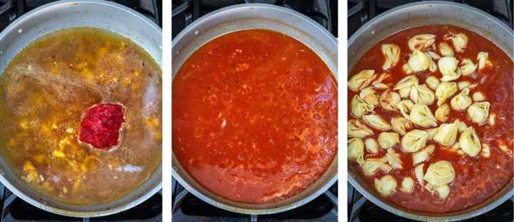 three photos showing adding the chicken broth, tomato paste and tortellini