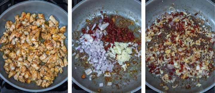 three photos with chicken being cooked in pan and shallots, garlic and sun-dried tomatoes being cooked in a pan