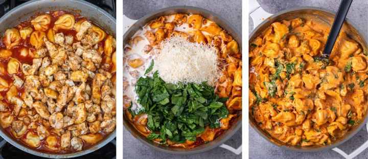 three photos showing returning the chicken to the pan and adding spinach, parmesan and cream