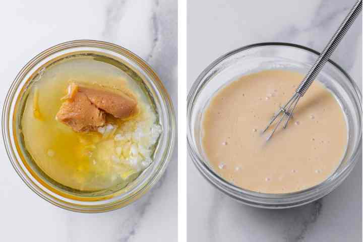 side by side photos of mixed and unmixed miso dressing in a small glass bowl