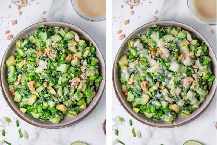 side by side photos of cucumber edamame salad with and without dressing