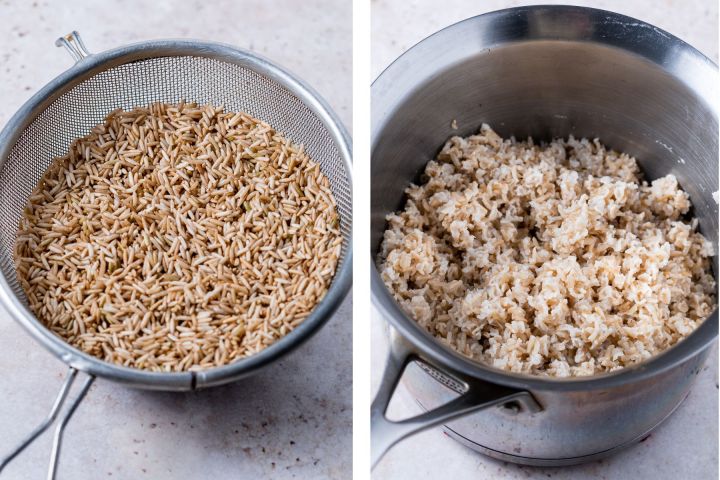 side by side photos of uncooked rice in a strainer and cooked brown rice in a pot