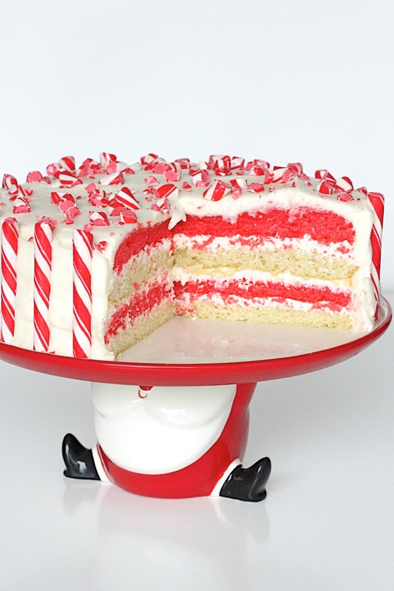 A red and white striped cake decorated with miniature candy canes on a Santa Claus themed cake stand.