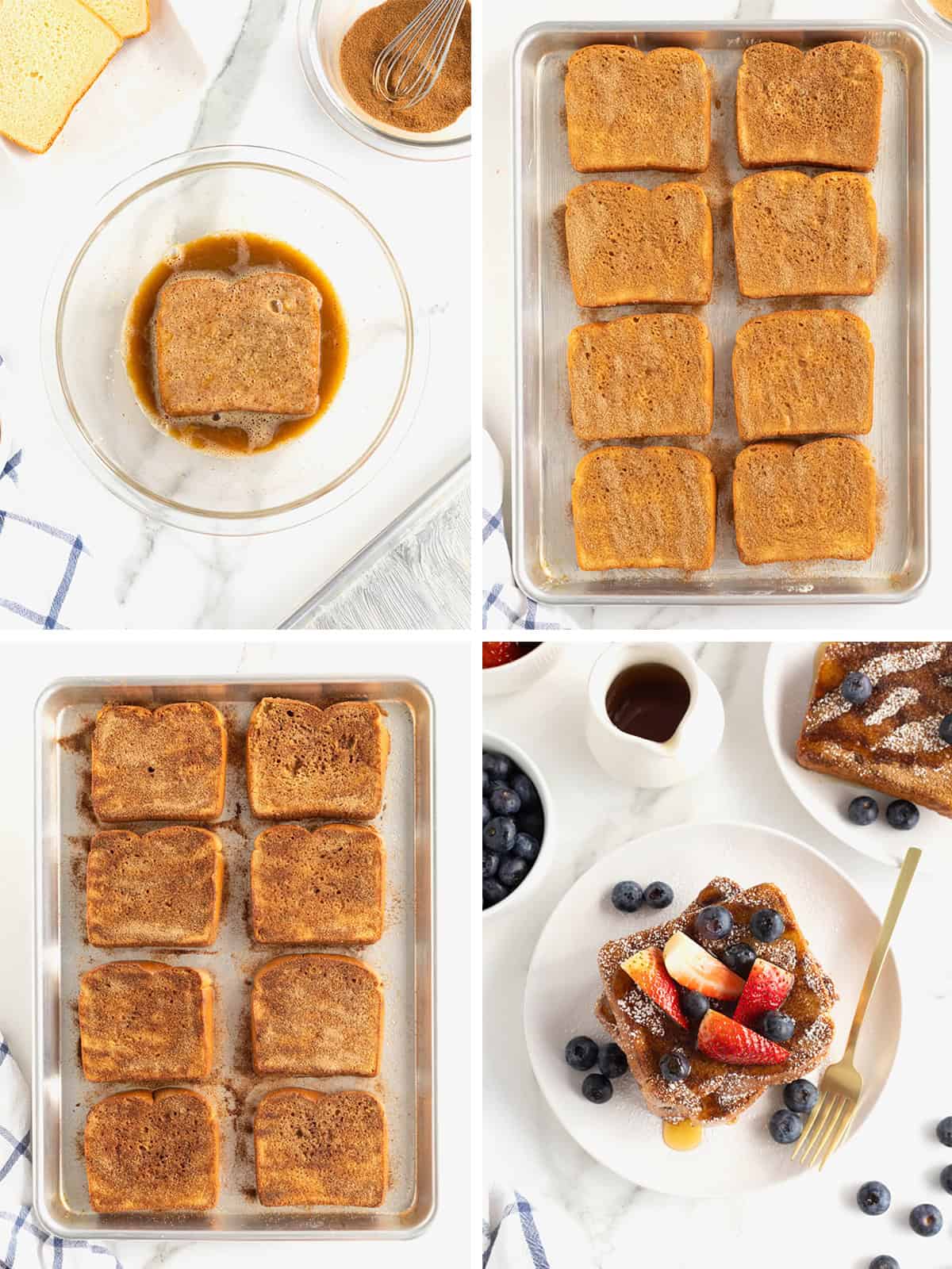 Steps to make baked French toast.